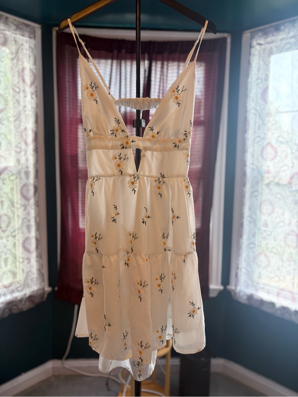 SHEIN Cream Spaghetti-Strap Dress with Yellow Floral Embroidery